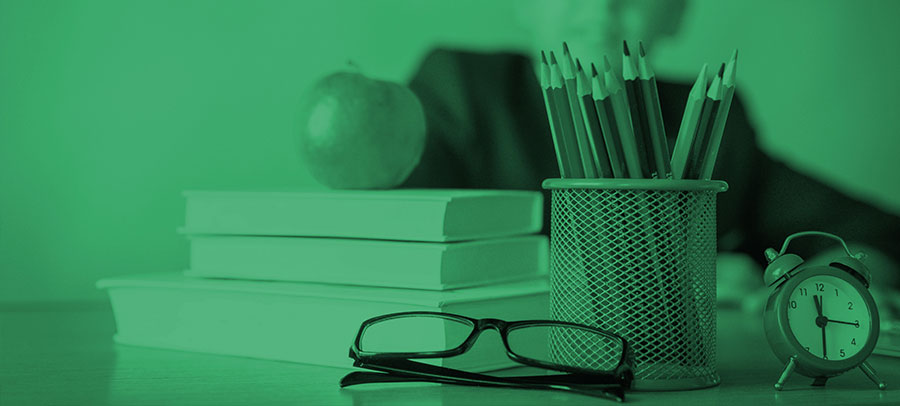 Pencils, glasses, books, office items