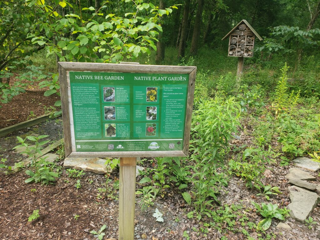 A signpost with a green poster that reads "Native Bee Garden, Native Plant Garden" sits in front of a garden. In the background is a wooden bee hotel. 