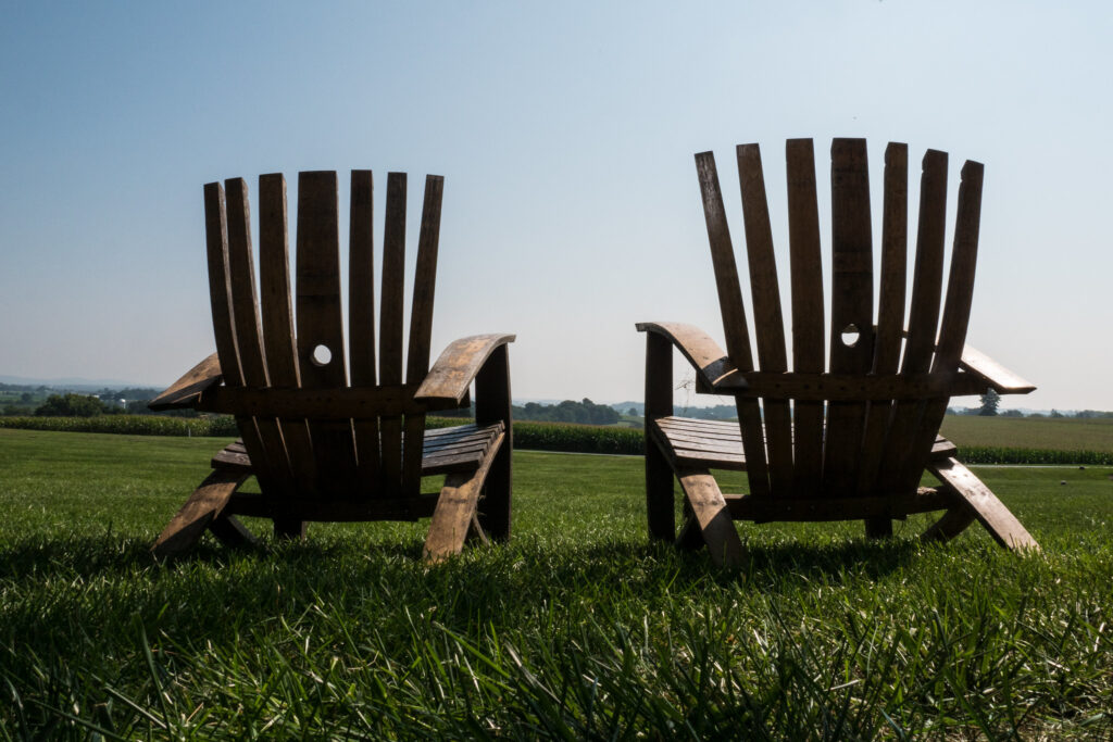 Two empty Adirondack chairs face away from the viewer. They sit in shadow on a lawn of verdant grass.